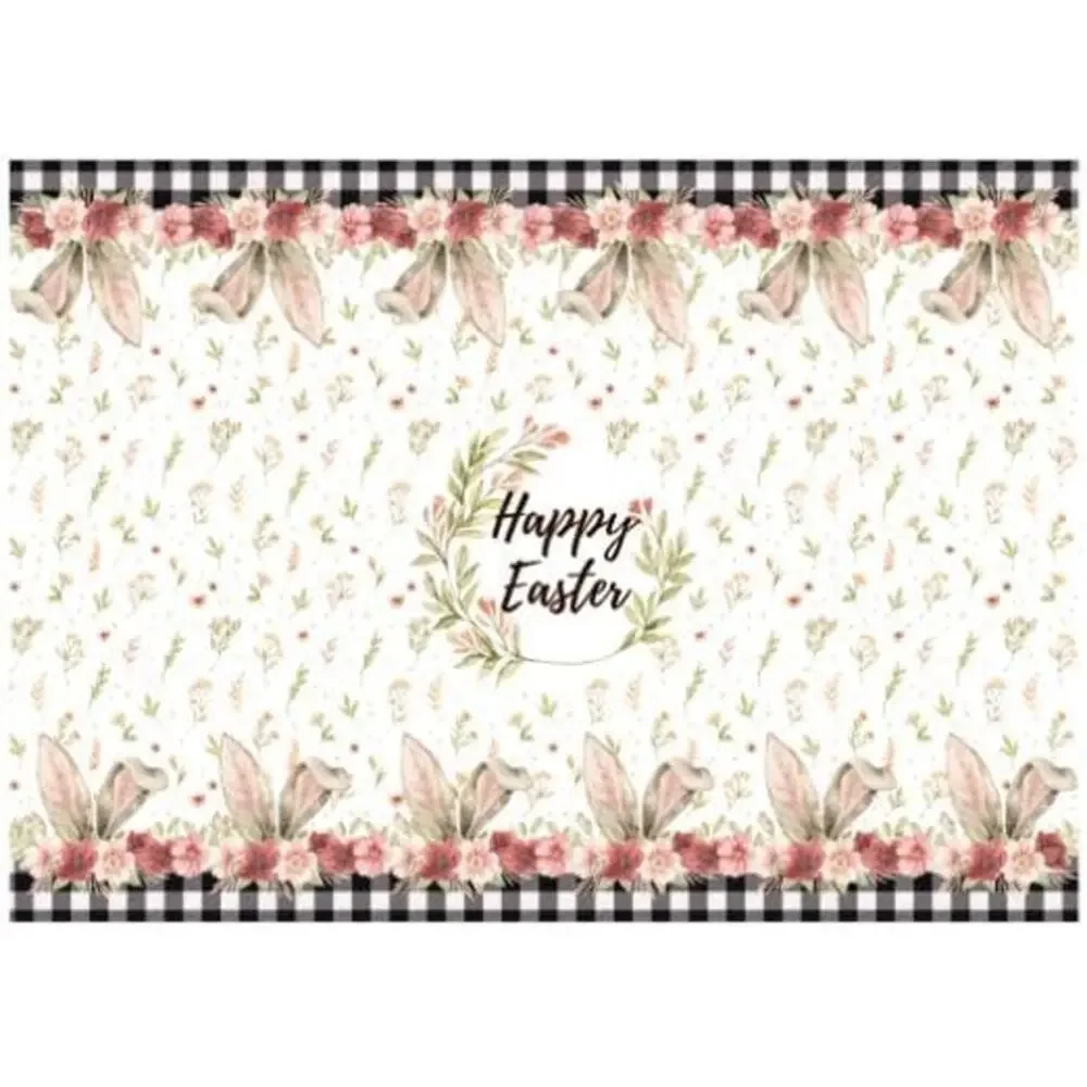 NWT ~ Farmhouse HAPPY EASTER Bunny Ears Flowers Buffalo Check Tablecloth 60 x 84